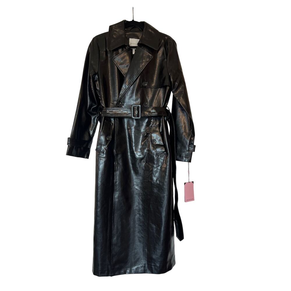 Chic "Avec Les Filles" Faux-Leather Trench Coat in Black